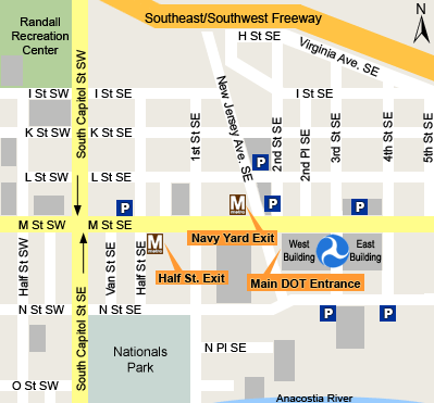 Map showing direction to US Department of Transportation Headquarters near the Navy Yard Metro Station in Washington, DC.