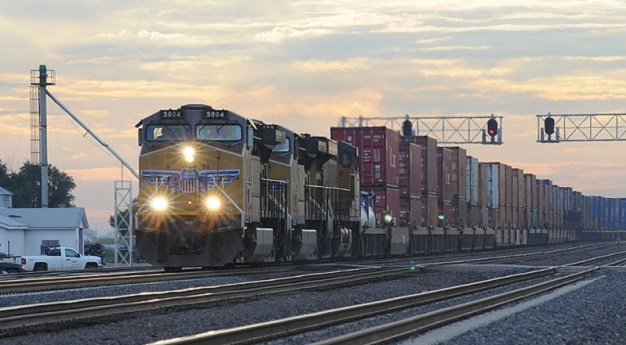 Freight train in Hershey, Nebraska, at twilight