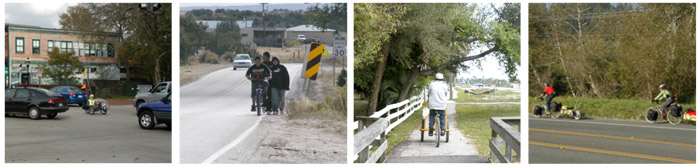 Four Photos, left to right. Photo 1. A cyclist riding a recumbent bike through vehicles in a parking lot. Photo 2.  Three boys traveling down the side of a road that has a minimal shoulder.  The boys, one riding a bike and two walking, are traveling against traffic and are partially in the travel lane. Photo 3.  A cyclist riding a three-wheeled bike down a path. Photo 4.  Two cyclists riding along the shoulder of a three lane road and in the same direction as traffic.