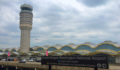 Photo of the Ronald Reagan Washington National Airport air traffic tower and terminal