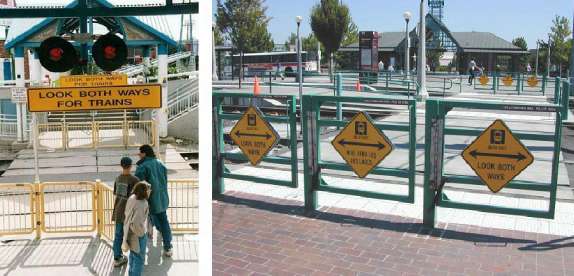 Figure 77. Pedestrian Swing Gate Examples. These are two images of pedestrian swing gates with signs saying Look Both Ways for Trains.