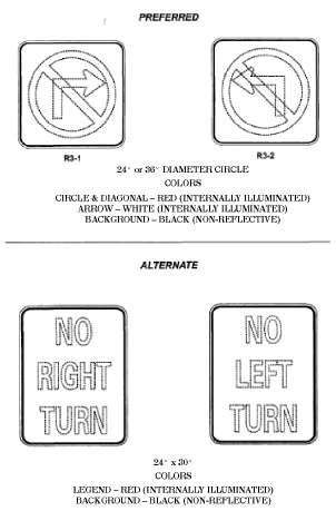 Figure 69. No Turns Internally Illuminated Signs. This diagram shows various signs restricting turns. Preferred signs demonstrate the no turn instruction with an image, alternate signs us words No Right Turn or No Left Turn.