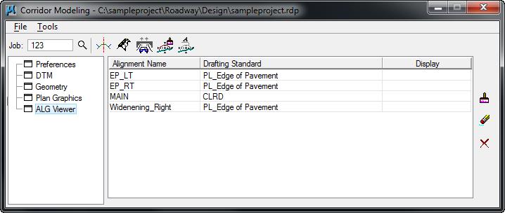 Corridor Modeling dialog, ALG Viewer