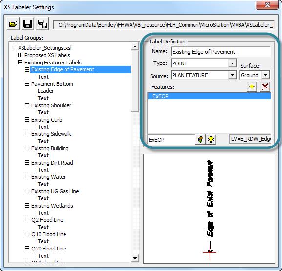 XS Labeling Settings dialog with Existing Edge of Pavement selected under Label Groups and Label Definition highlighted