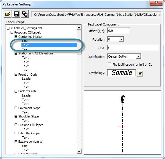 XS Labeling Settings dialog with Text highlighted in the tree view