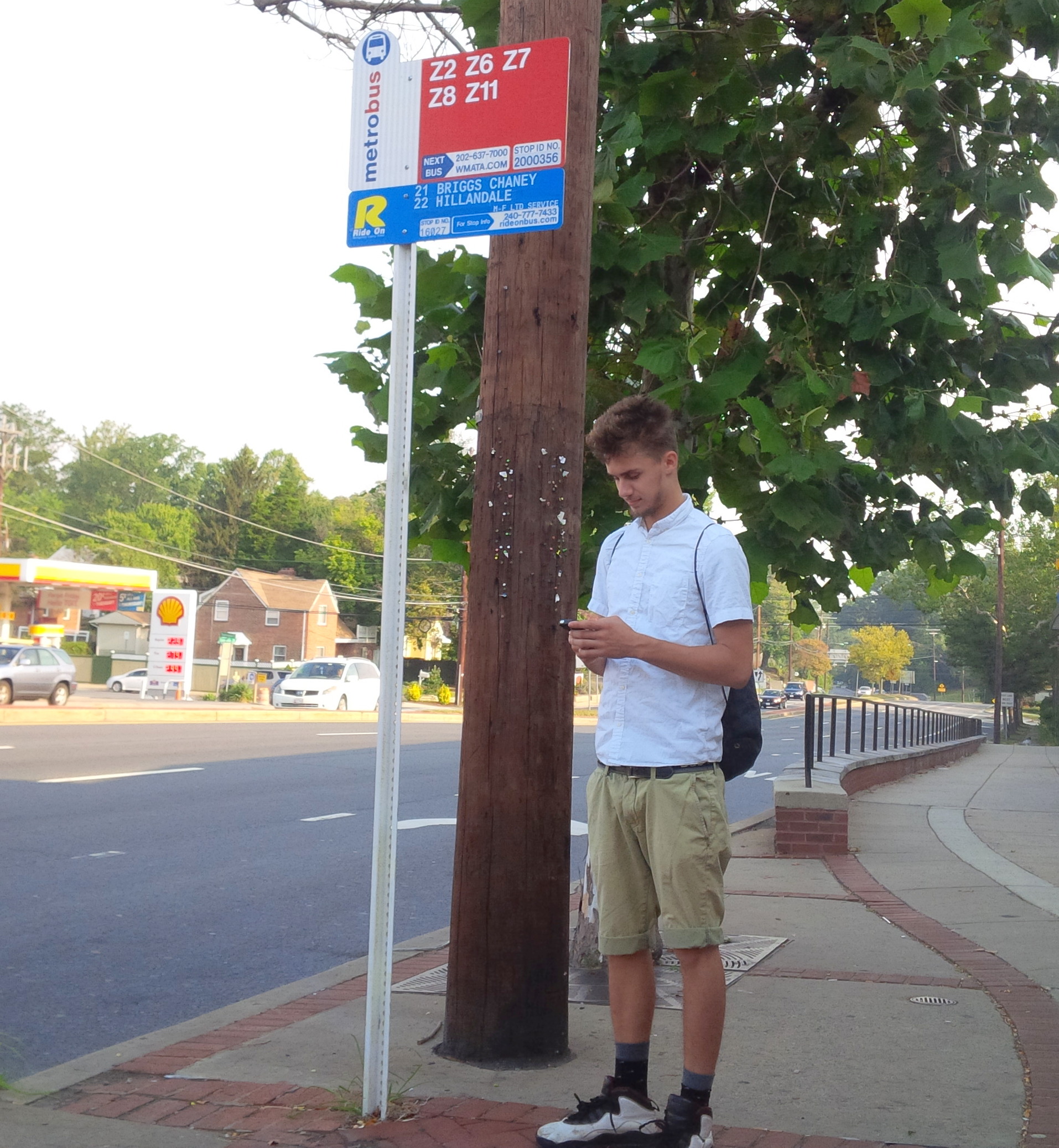 Young man with phone waiting at bus stop