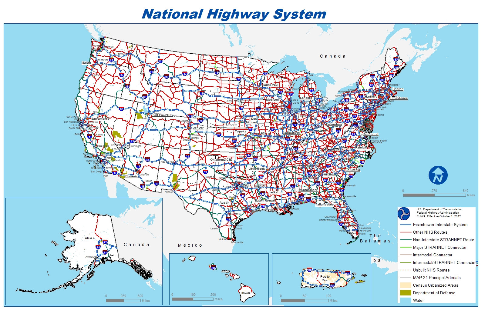Small map of the NHS in the U.S. Access a PDF version of the entire NHS by clicking on this image. For a full text description of the NHS, see http://www.fhwa.dot.gov/planning/national_highway_system/nhs_maps/
