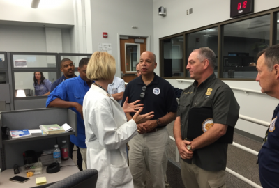 Secretary Johnson is briefed by personnel at the Louisiana Emergency Operations Center