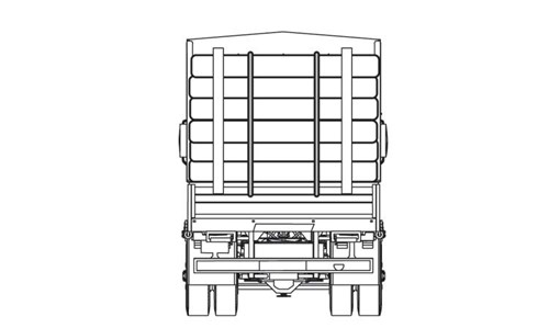 Diagram of back of truck hauling logs. This cargo has two tiedowns down the center of the cargo that start at the top and tie in the bottom. There are also two poles at the top and bottom of the cargo to secure the load. 