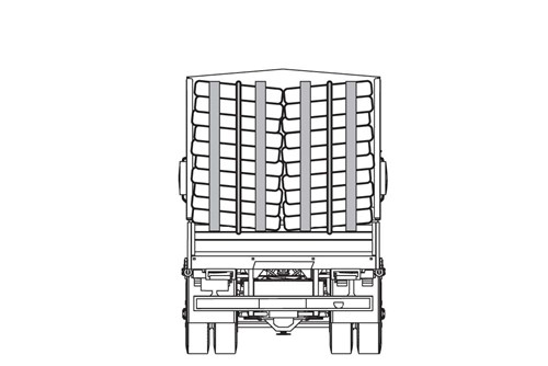 Diagram of back of truck hauling logs.  This cargo has two tiedowns down the center of the cargo that start at the top and tie in the bottom.  There are also two poles at the top and bottom of the cargo to secure the load.  This is a  acceptable securement of one stack loaded crosswise