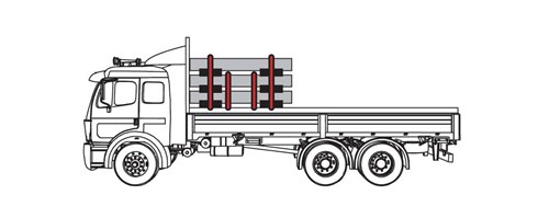Diagram of truck cargo that has three levels. There are two tiedowns on top level of the cargo, two tiedowns on the second level, and two friction pieces below each level of the cargo.
