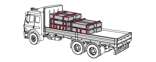 Diagram of truck cargo where one set of cargo has three levels and and second set of cargo has two levels. For both sets of cargo, there are two tiedowns at each level of the cargo.