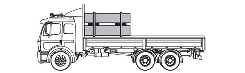 Diagram of truck cargo where there are two levels of the cargo. There are two tiedowns over the top level of the cargo and two blockers between the two levels.