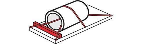 Diagram of an lengthwise coil. This coil had two tiedowns that go through the coil and one tie down that goes over the top. There is also a blocking bar used at the top of the coil to secure the coil.
