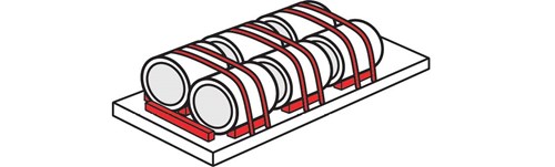 Diagram of 6 lengthwise coils. There are 2 columns of 3 coils where each row of coils has two tiedowns over the top.