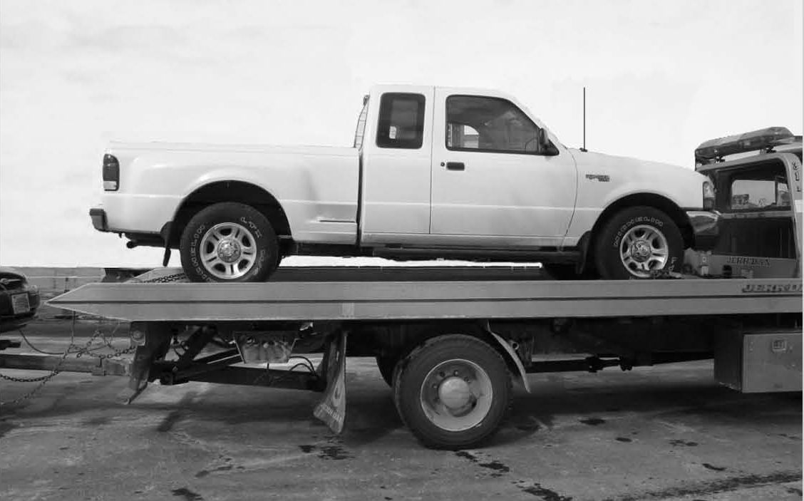 A truck being towed