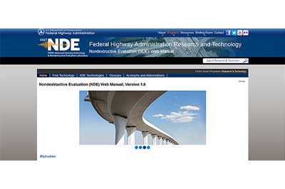 The photo is a screenshot of the of the NDE website’s title page. Along with the FAST NDE logo, is the webpage’s title “Federal Highway Administration Research and Technology, Nondestructive Evaluation (NDE) Web Manual”. Above the title area are the following linked options: About; Programs; Resources; Briefing Room; and Contact. Buttons for the following social media websites are displayed in the upper right corner: Facebook; Twitter; YouTube; and Flicker. The lower portion of the title page is a photograph of the underside of a curving concrete bridge and of the columns supporting it. Four blue dots appear below the photo. Directly above the photograph are a second set of linked options entitled: Home; Find Technology; NDE Technologies; Glossary; Acronyms and Abbreviations; followed by the title of the webpage again “Nondestructive Evaluation (NDE) Web Manual, Version 1.0”. The word “Motivation” appears in the lower left corner.