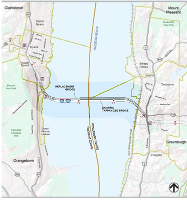 Title: Map of the Project Location. Credit: New York State Thruway Authority. - Description: A map of the project area showing the location of the existing bridge across the Hudson River and the replacement bridge slightly to the North. The bridge spans from Westchester county in the East to Rockland county in the West.