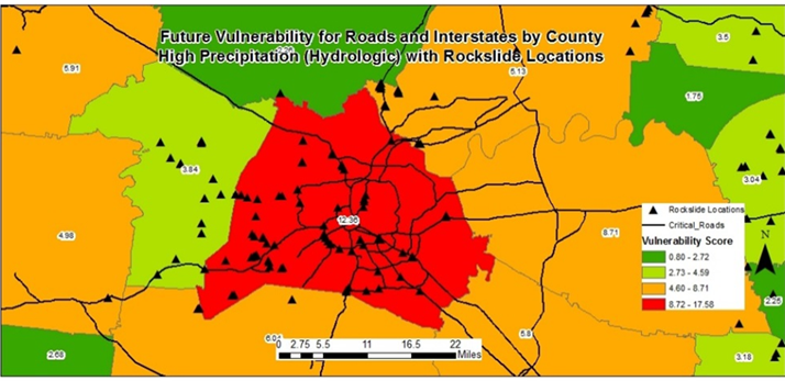 Map of Davidson County showing rockslide locations and critical roads within areas colored according to high precipitation vulnerability. The areas are colored dark green (lowest vulnerability score) to red (highest vulnerability score). The highest vulnerability area is located in the center of the area of study shown.