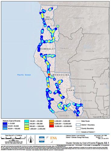 GIS map of cost of historical maintenance events. The legend ranges from blue to red (low cost to high cost). Most of the map ranges features blue and yellow layers.