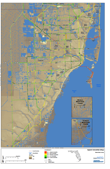 Map of Miami-Dade Beach County with insets of Western Miami-Dade County and Southern Miami-Dade County. This map shows a scale of elevation, with lower elevation near the coast, and swamp/marsh area, county boundaries, roads, railroads, and railroad stations marked. Vulnerability is indicated using a color scale, with highest in red and lowest in green. Near the coast there is high to moderate vulnerability, with most regions father inland shown with low vulnerability. The insets both shown regions of moderate to high vulnerability. 