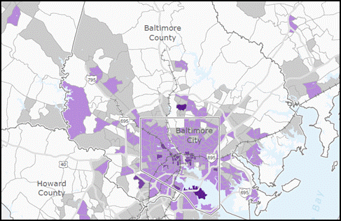 Overview map of part of Maryland showing Howard county in the south west, Baltimore county to the north, and the highest concentration in Baltimore City. 