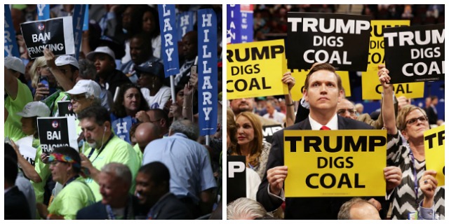 Left Side Photo: Attendees at the Democratic National Convention at the Wells Fargo Center, July 28, 2016. Right Side Photo: Delegates at the second day of the Republican National Convention on July 19, 2016 in Cleveland, Ohio. 
