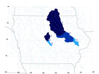 Map of Cedar River Basin (larger area on the right) and South Skunk River Basin (smaller area on lower left) watershed locations in blue northeast Iowa. Six numbers are indicated in the watersheds.