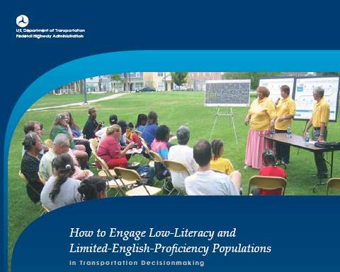 How to Engage Low-Literacy and Limited-English-Proficiency Populations in Transportation Decisionmaking cover photo. Group at a meeting on a lawn. 