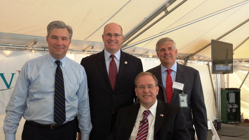 Photo of Rep. Jim Langevin (front), Sen. Sheldon Whitehouse, Acting Maritime Administrator Paul 'Chip' Jaenichen, and ProvPort Chief Operating Officer Bruce Waterson