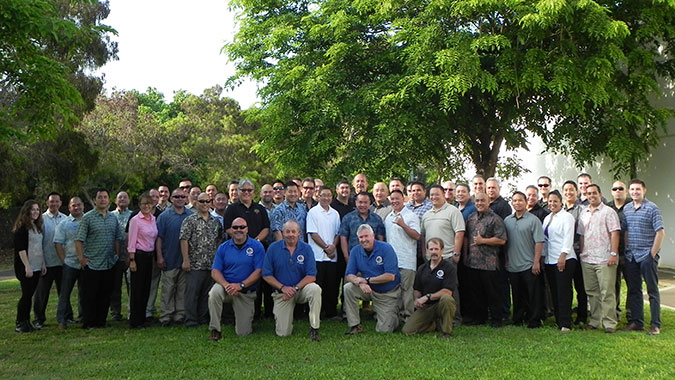 Group photo: From left to right on the front row: Center for Domestic Preparedness Field Force instructors, Mike Phillips, Danny Oliver and Frank Flynn. Far right, Craig Palmer, the Western Region nonresident training manager.