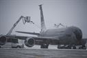 A KC-135 Stratotanker is de-iced in front of 5 Hangar at 5 Wing Goose Bay, Newfoundland and Labrador, the morning of Oct. 23, 2015, during Exercise Vigilant Shield 16. From Oct. 15-26, 2015, approximately 700 members from the Canadian Armed Forces and the U.S. Air Force, Navy and Air National Guard deployed to Iqaluit, Nunavut, and 5 Wing Goose Bay, Newfoundland and Labrador, for Exercise Vigilant Shield 16. (U.S. Air National Guard photo/Senior Master Sgt. Chris Drudge)