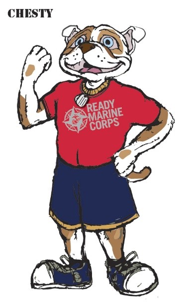 Logo for Ready Marine Corps Kids dog Chesty the bulldog wearing a red shirt and blue pants and sneakers