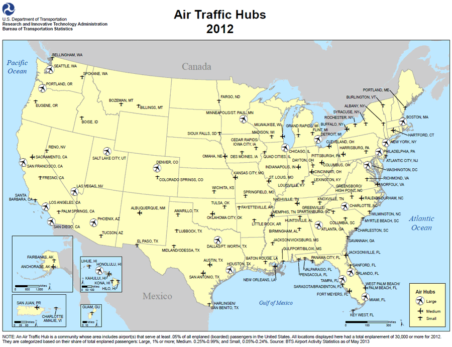 Air Traffic Hubs 2012 map. If you are a user with a disability and cannot view this image, please call 800-853-1351 for further assistance.