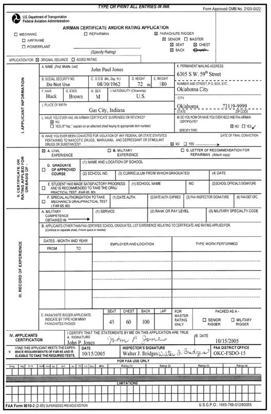 Figure 6-3A. FAA Form 8610-2, Airman Certificate and/or Rating Application (Typical Entries for Senior Parachute Rigger)