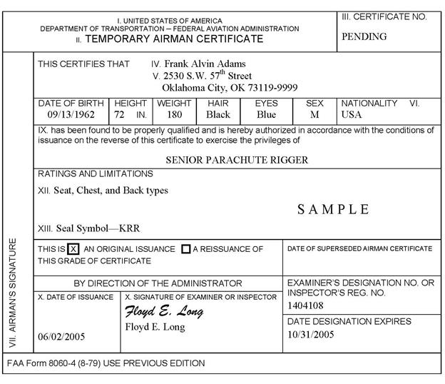 Figure 6-3H. FAA Form 8060-4, Temporary Airman Certificate (Original Issuance)