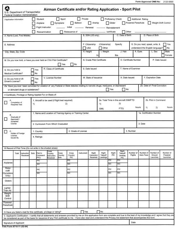 Figure 7-14. Sample of FAA Form 8710-11, Airman Certificate and/or Rating Application—Sport Pilot (Front Side)