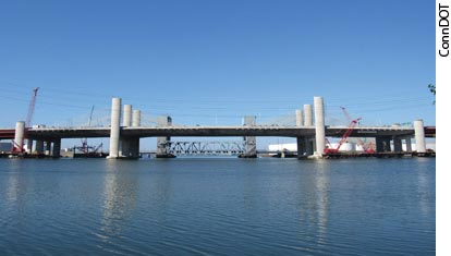 The new Pearl Harbor Memorial Bridge on I–95 in New Haven, shown here shortly after completion, is part of the Connecticut Department of Transportation’s largest highway improvement program ever undertaken.