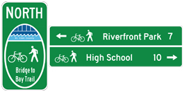 This figure illustrates two guide signs.  On the left, a modified M1-8a sign is shown with a white border, a pictograph of a river walk, the bicycle symbol, a pedestrian symbol, and the legend North "Bridge to Bay Trail".  On the right,  a modified D1-1 sign is shown with a white border and one white horizontal divider.  Above the divider is a left arrow, the bicycle symbol, a pedestrian symbol, the legend "Riverfront Park 7".  Below the divider is a bicycle symbol, the pedestrian symbol, the legend "High School 10" and a right arrow.