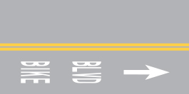 A two-way roadway with a double yellow centerline is shown in a horizontal rectangle.  On the bottom half of the roadway, pavement word markings "BIKE BLVD" are shown followed by a through arrow symbol.