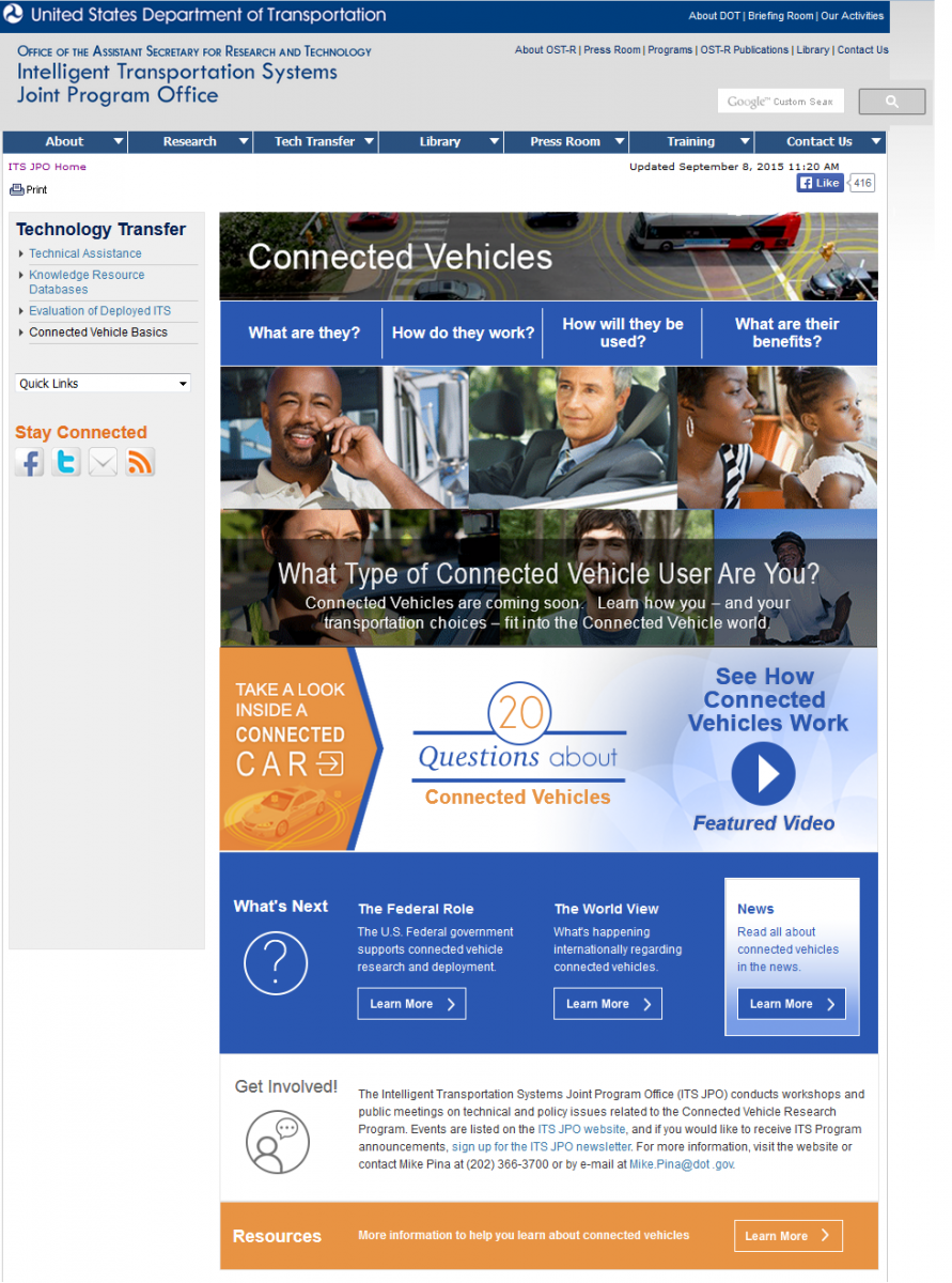 Screen capture of the Connected Vehicles Basics website