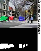 Graphic. Two images captured with two different object-detection tools of the same urban scene of cars parallel parked on a street. The first image is a photo of the scene, where four of the detected parked cars have each been highlighted in a different color (red, green, purple, and blue). The second image is a black-and-white graphic depiction of the same parked cars, this time with the detected cars highlighted in white against a black background. Only the detected parked cars are shown in the black-and-white graphic; the other objects in the scene are not visible. However, the images of the two cars on the right are obstructed by the presence of street lamp poles, which break up the images of those cars and make them more difficult to detect.