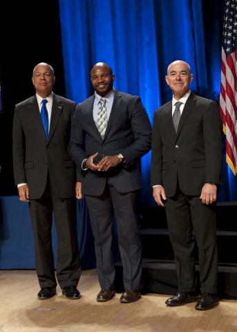 Secretary of Homeland Security Jeh Johnson and Deputy Secretary of Homeland Security Alejandro Mayorkas presented the Secretary's Award for Volunteer Service to Chucky L. Smiley, Jr., U.S. Coast Guard, during the Secretary's Award Ceremony held Oct. 26, 2016.