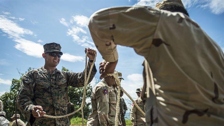 Marine Corps Lance Cpl. Diego Fuentes shows Cambodian sailors how to prepare a knot during training in Sihanoukville, Cambodia, Nov. 1, 2016. Navy photo by Petty Officer 1st Class Benjamin A. Lewis