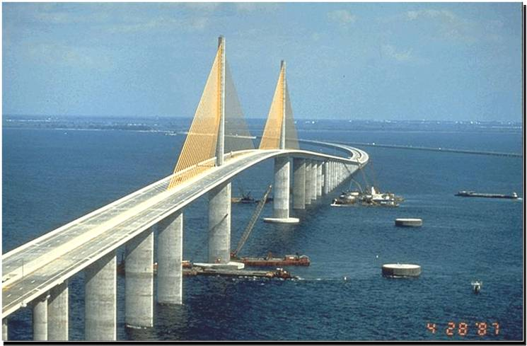 Figure 25. Photo. Precast segmental cable stayed bridge. This photo shows a precast segmental cable stayed bridge over a body of water