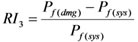 Figure 42. Equation. Probabilistic Redundancy Index 3. RI subscript 3 equals P subscript f open parenthesis dmg close parenthesis end subscript minus P subscript f open parenthesis sys close parenthesis end subscript all divided by P subscript f open parenthesis sys close parenthesis end subscript.