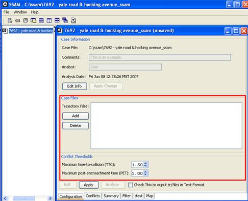 Figure 22. Screen Capture. SSAM Screen--Configuration Tab Displaying Case Files. This screen shot focuses on the Case Files and the Conflict Thresholds sections of the Configuration tab for the example SSAM case file. Click Edit to activate the Apply, Add, and Delete buttons in this section.