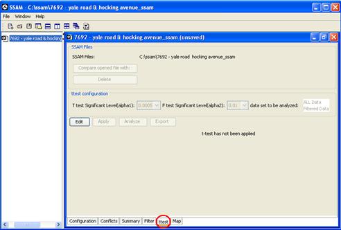 Figure 36. Screen Capture. SSAM Screen--Ttest Tab. This screen shows the ttest tab for the sample SSAM case file. There are three sections in the ttest tab: SSAM files, Ttest configuration, and Ttest results section (not labeled).