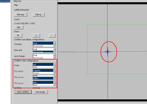 Figure 72. Screen Capture. SSAM Screen--Map Tab Additional Conflicts Display Configuration. The Conflicts Color configuration section is emphasized in the Map tab. The configurations for current conflict color display are: red for crashes, magenta for conflicts with TTC < = 0.5, yellow for conflicts with TTC < = 1.0, and blue for conflicts with TTC < = 1.5. The corresponding conflicts are shown in the Map view section.