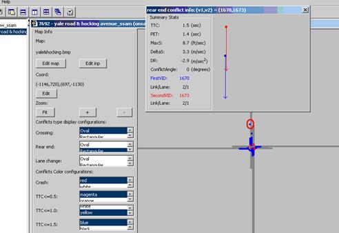 Figure 73. Screen Capture. SSAM Screen--Map Tab Conflict Information Window. A conflict information window named rear end conflict info is shown over the map view section of the Map tab. There are two sections within the pop up window. The right side section displays the detailed surrogate safety measures corresponding to this conflict, including TTC, PET, vehicle IDs, and lane/link IDs. The left side section shows the conflict lines for the two vehicles involved in this conflict. A blue line represents the first vehicle and a red line represents the second vehicle, with arrows to indicate the movement direction.